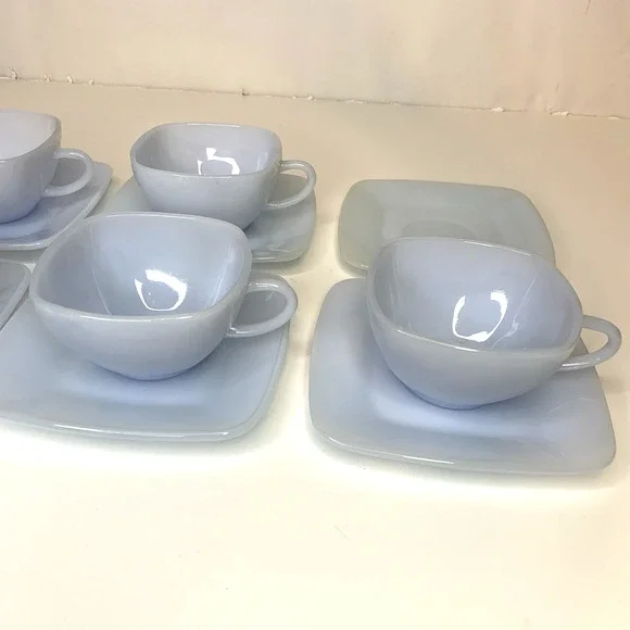SET 5 FIRE KING AZURE BLUE CHARM AZURITE DELPHITE MILK GLASS SQUARE CUP SAUCERS - Picture 5 of 9